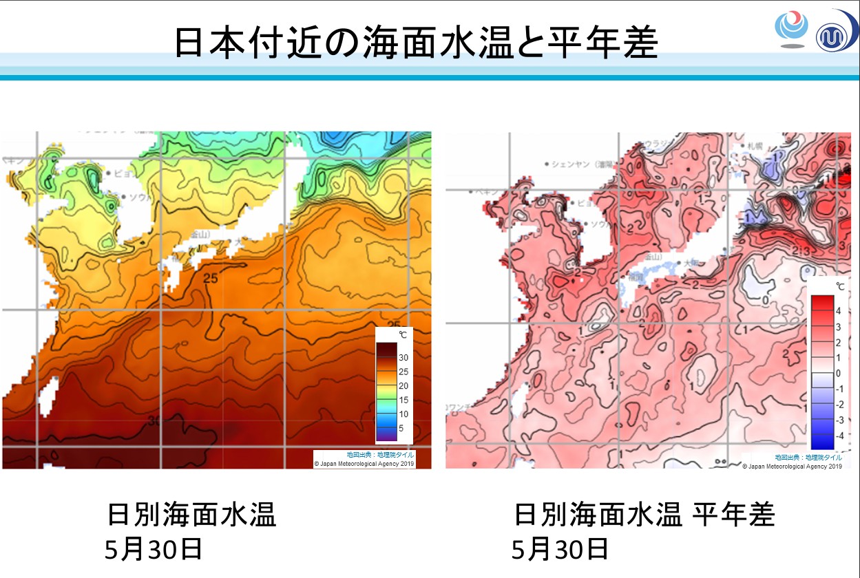 Carte de la température de l'eau autour du Japon et comparaison avec la moyenne annuelle.
